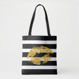Gouden glitterlippen en zwarte witte strepen tote bag