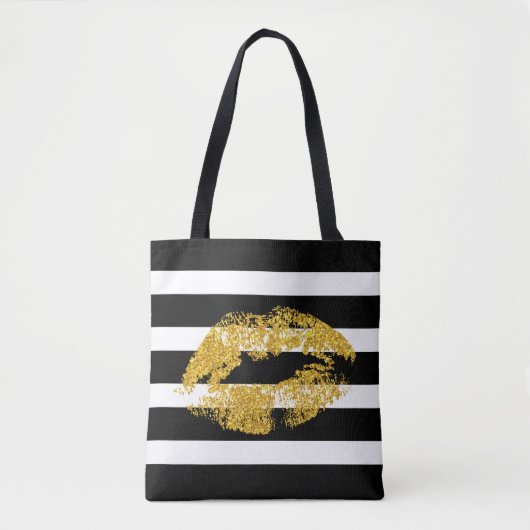 Gouden glitterlippen en zwarte witte strepen tote bag (Voorkant)
