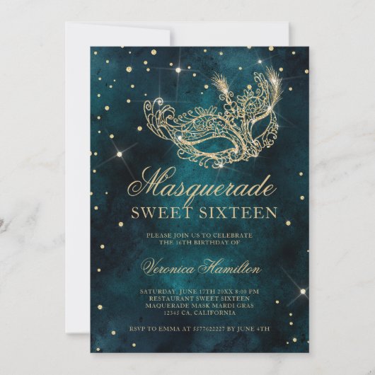 gouden glittermaskerade masker blauwgroen groen Sw Kaart (Voorkant)