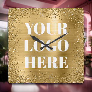 Gouden Glitterrand en Folie Logo Vierkante Klok