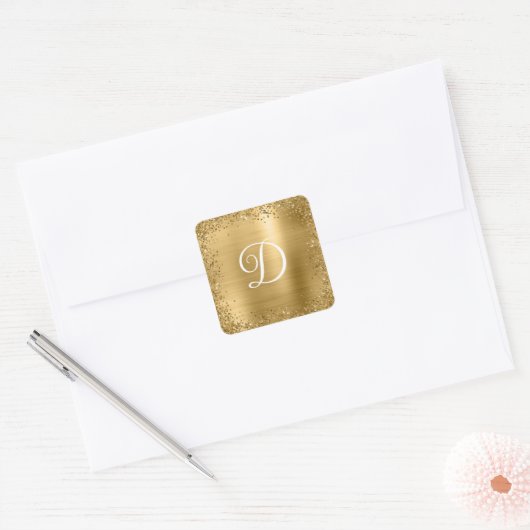 Gouden Glitterrand en Folie Monogram Vierkante Sticker (Envelop)