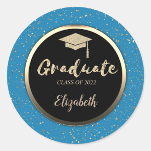 Gouden glitters afstudeerhoed, Confetti Blauw Ronde Sticker