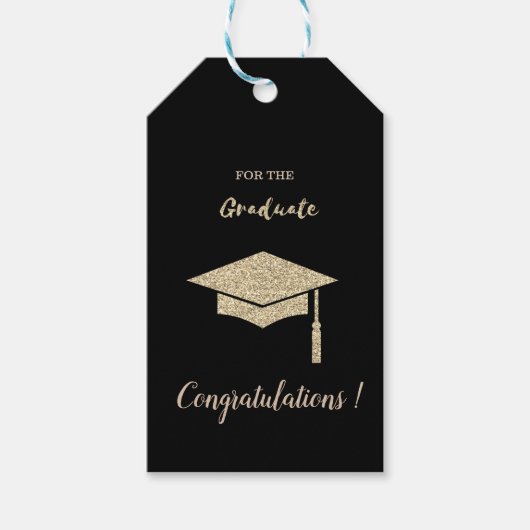Gouden glitters afstudeerhoed, diploma, afgestudee cadeaulabel (Voorkant)