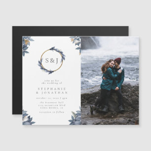 Gouden Glitters & Blauwe Krans Monogram Trouwfoto Magnetische Uitnodiging