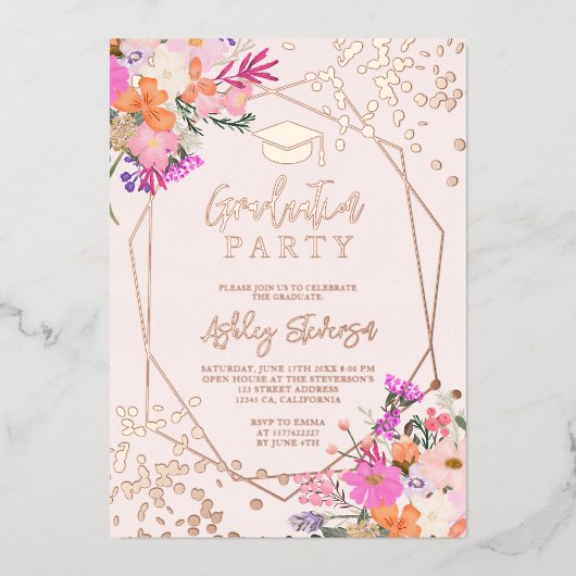 Gouden glitters bloem waterverf foto afstuderen folie uitnodiging (Voorkant)