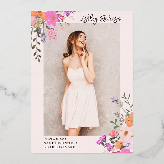 Gouden glitters bloem waterverf foto afstuderen folie uitnodiging (Achterkant)