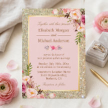 Gouden Glitters Blush Roze Bloemen Bruiloftsinvati