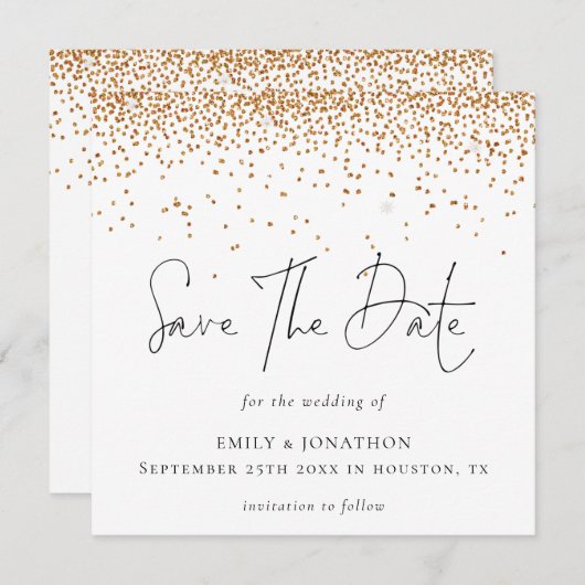 Gouden glitters Confetti Trouw Save The Date Notitiekaartje (Voorkant / Achterkant)