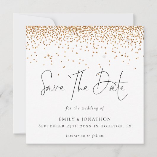 Gouden glitters Confetti Trouw Save The Date Notitiekaartje (Voorkant)