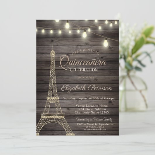 Gouden glitters Eiffeltoren, hout Quinceañera Kaart (Staand voorkant)