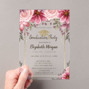Gouden glitters eindexamencap, strepen bloemmotief acryl uitnodigingen