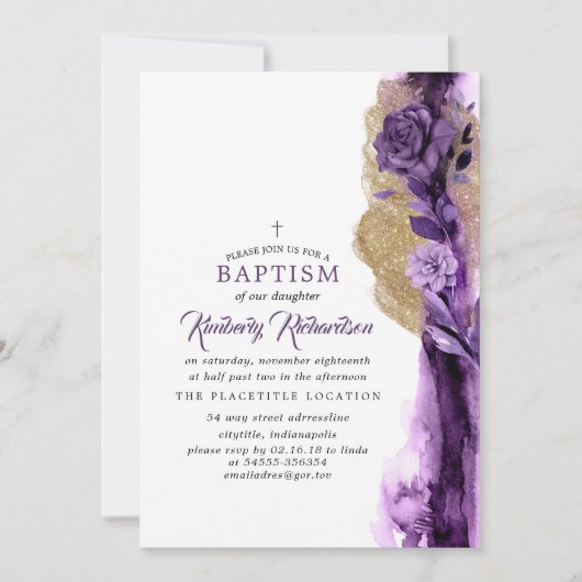Gouden Glitters en Donkerpaarse Moderne Bloem Doop Kaart (Voorkant)