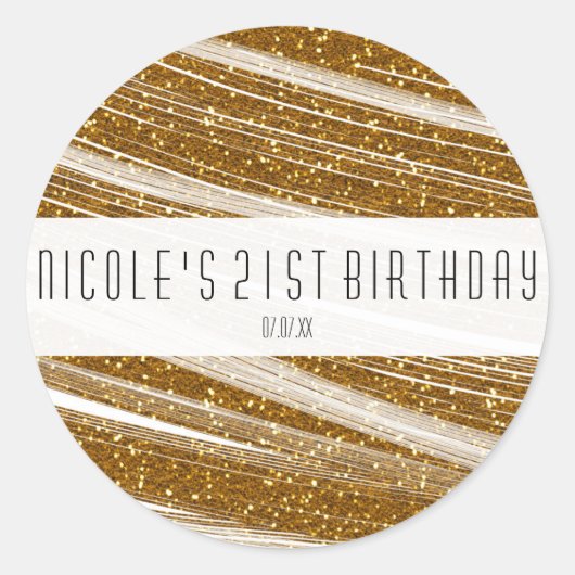 Gouden glitters en witte feeststickers ronde sticker (Voorkant)