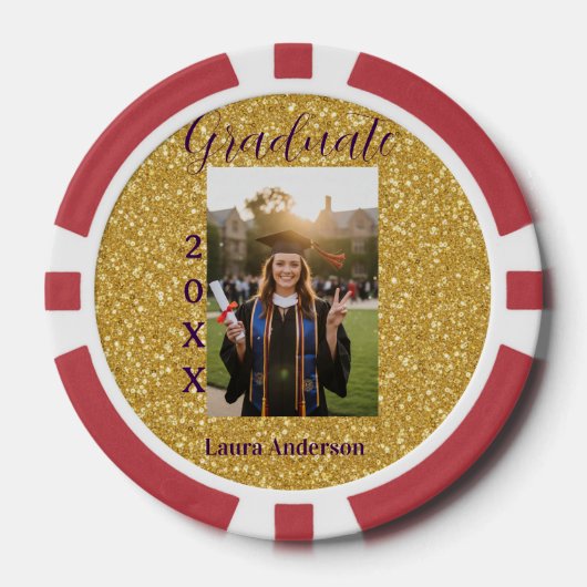 Gouden glitters foto afstuderen naam klas tekst poker chips (Voorkant)