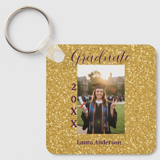 Gouden glitters foto afstuderen voeg naam klas tek sleutelhanger (Voorkant)
