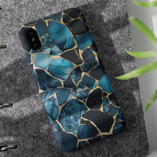 Gouden Glitters Gebarsten Blauw Marmer Moderne Tex Case-Mate iPhone Case