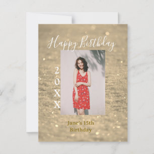 Gouden glitters gelukkige 15e verjaardag foto naam briefkaart