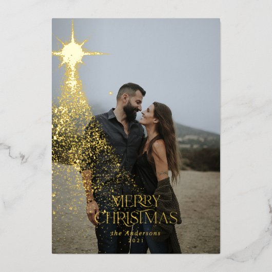 Gouden glitters glans blauw modern Kerstmis Vakant Folie Feestdagenkaart (Voorkant)