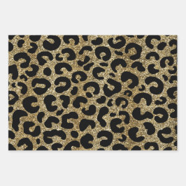 Gouden glitters glans & zwart luipaardprint patroo inpakpapier vel