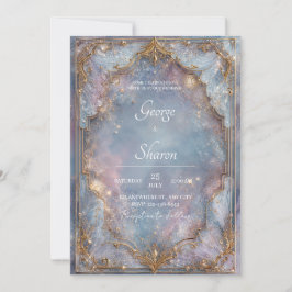 Gouden Glitters Hemelsblauwe Betoverde Trouwdag Kaart
