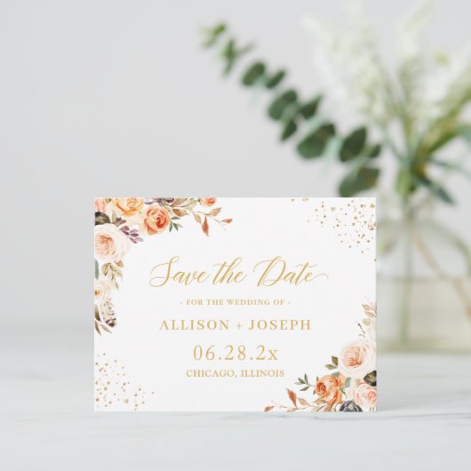 Gouden Glitters Herfst Bloemen Bruiloft Save the D Uitnodiging Briefkaart (Staand voorkant)