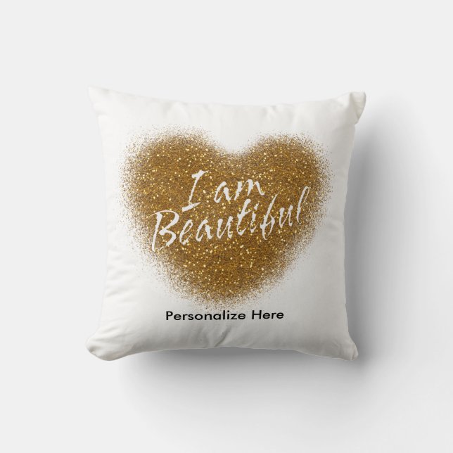 Gouden Glitters I AM BEAUTIFUL Hart Worp Kussen (Voorkant)