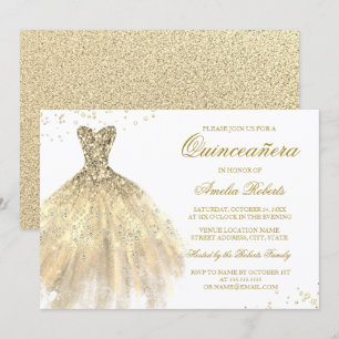 Gouden glitters jurk Quinceanera uitnodiging