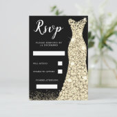 Gouden glitters jurk verjaardagsfeest bruiloft zwa RSVP kaartje (Staand voorkant)