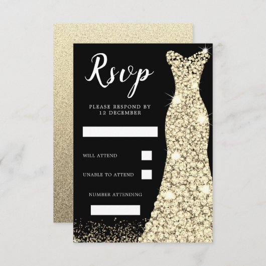 Gouden glitters jurk verjaardagsfeest bruiloft zwa RSVP kaartje (Voorkant / Achterkant)