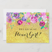 Gouden glitters mint paarse bloemen bloemenmeisje  kaart (Voorkant)