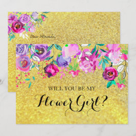 Gouden glitters mint paarse bloemen bloemenmeisje kaart