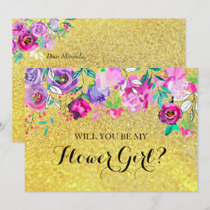 Gouden glitters mint paarse bloemen bloemenmeisje  kaart