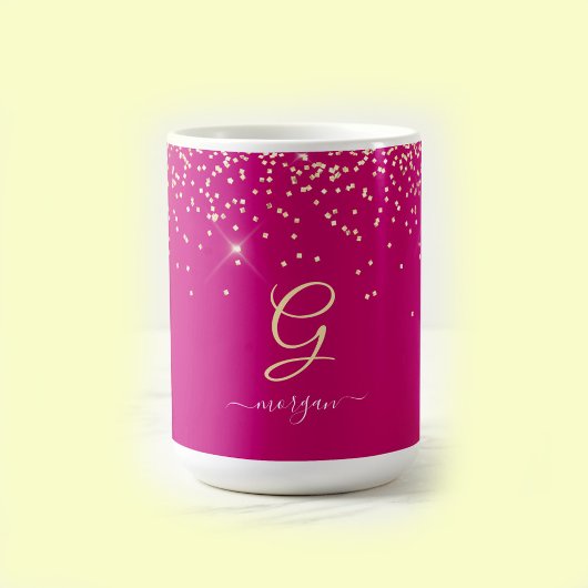 Gouden Glitters & Monogram Wit Script Naam, Fuchsi Koffiemok