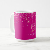 Gouden Glitters & Monogram Wit Script Naam, Fuchsi Koffiemok (Voorkant links)