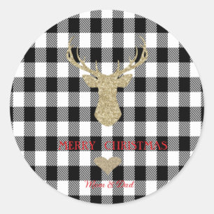 Gouden glitters rendier hart buffelplaid ronde sticker