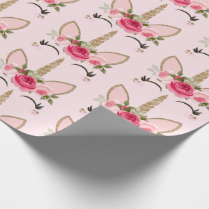 Gouden Glitters & Roze Bloem Unicron Verjaardagsfe Cadeaupapier