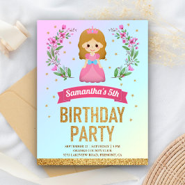 Gouden Glitters Roze Bloemen Prinses Verjaardagsfe Uitnodiging Briefkaart