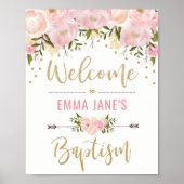 Gouden glitters roze bloemendoop welkomstbord poster (Voorkant)