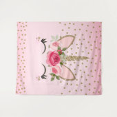 Gouden Glitters & Roze Bloemige Eenhoorn Gezicht T Wandkleed (Voorkant (horizontaal))