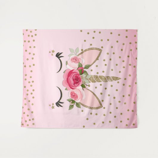 Gouden Glitters & Roze Bloemige Eenhoorn Gezicht T Wandkleed (Voorkant (horizontaal))