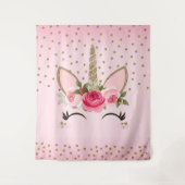Gouden Glitters & Roze Bloemige Eenhoorn Gezicht T Wandkleed (Voorkant)