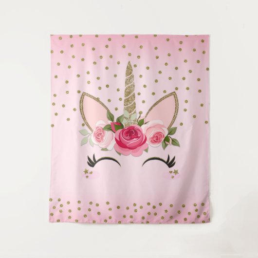 Gouden Glitters & Roze Bloemige Eenhoorn Gezicht T Wandkleed (Voorkant)