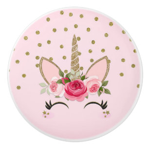 Gouden Glitters & Roze Bloemige Eenhoorn Trendy Keramische Knop
