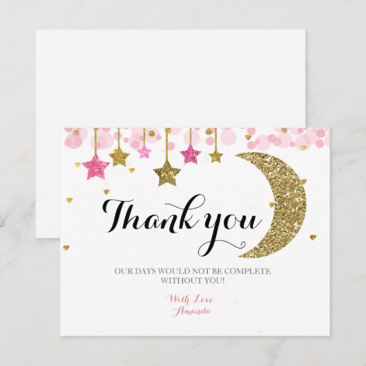 Gouden glitters roze maan bedankkaart (Voorkant / Achterkant)