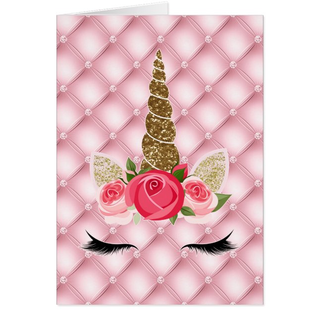 Gouden Glitters & Roze Rozen Eenhoorn Feest Bedank (Voorkant)