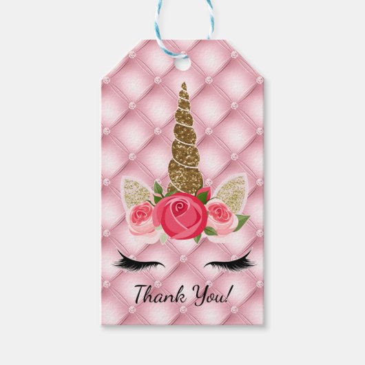 Gouden Glitters & Roze Rozen Eenhoorn Verjaardagsf Cadeaulabel (Voorkant)