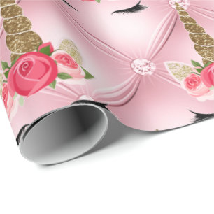 Gouden Glitters & Roze Rozen Eenhoorn Verjaardagsf Cadeaupapier