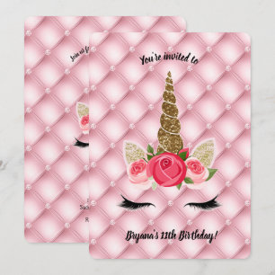 Gouden Glitters & Roze Rozen Eenhoorn Verjaardagsf Kaart