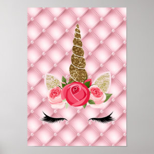 Gouden Glitters & Roze Rozen Eenhoorn Verjaardagsf Poster