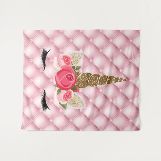 Gouden Glitters & Roze Rozen Eenhoorn Verjaardagsf Wandkleed (Voorkant (horizontaal))